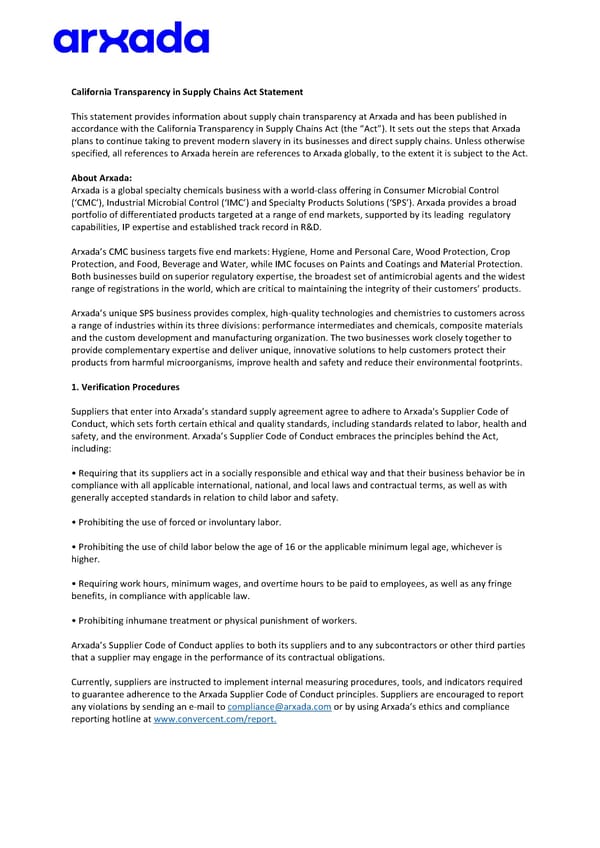 Arxada California Transparency in Supply Chains Act Statement - Page 1